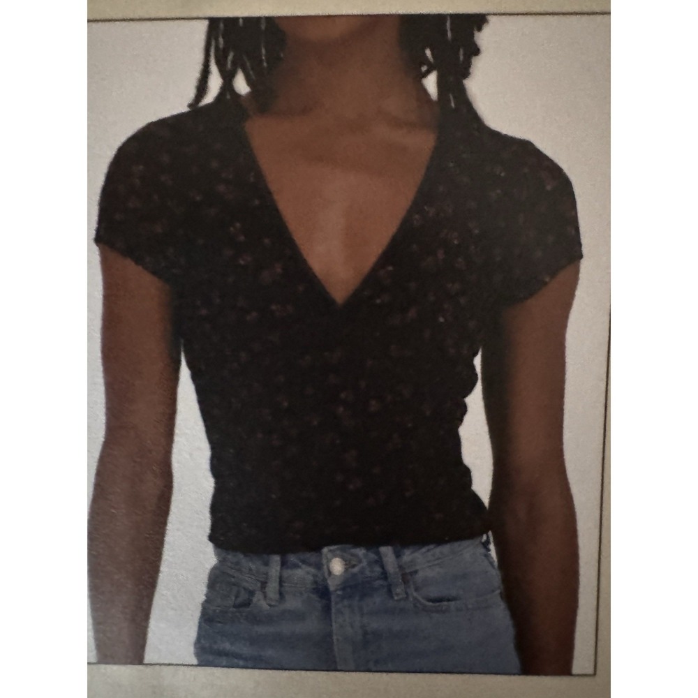 AEROPOSTALE Women's Large Crop Top Mesh V-Neck Floral Black Pink